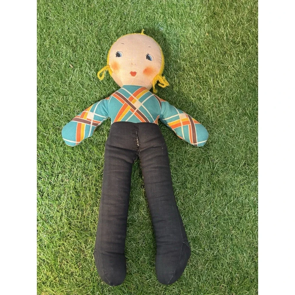 Vintage Handmade Cloth Rag Doll Blonde Hair‎ Plaid Shirt